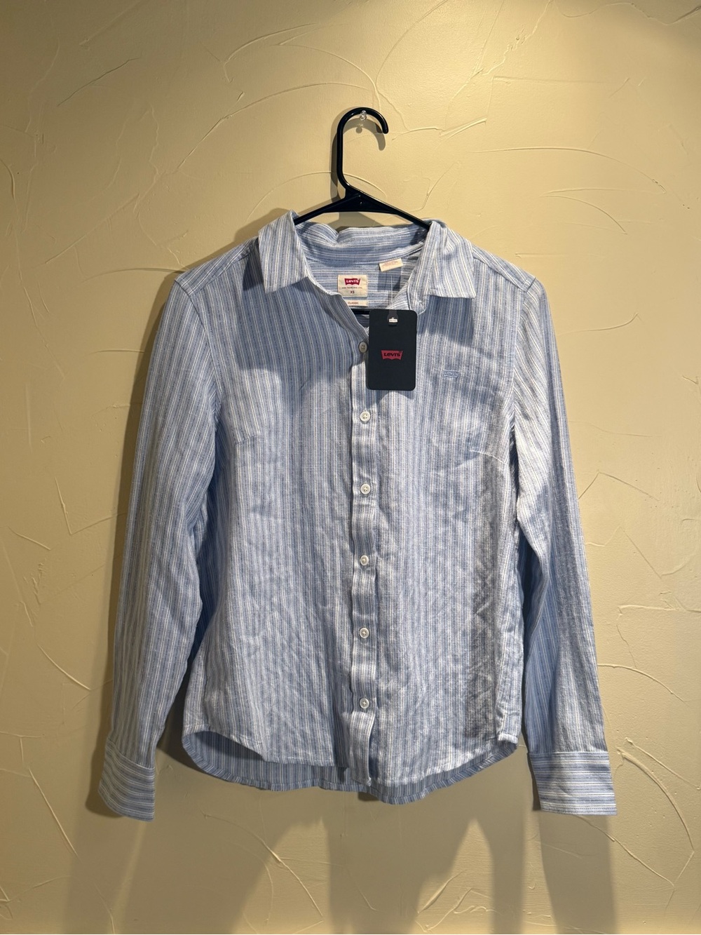 Levi's Women's Light Blue and White Striped Button-Down Shirt